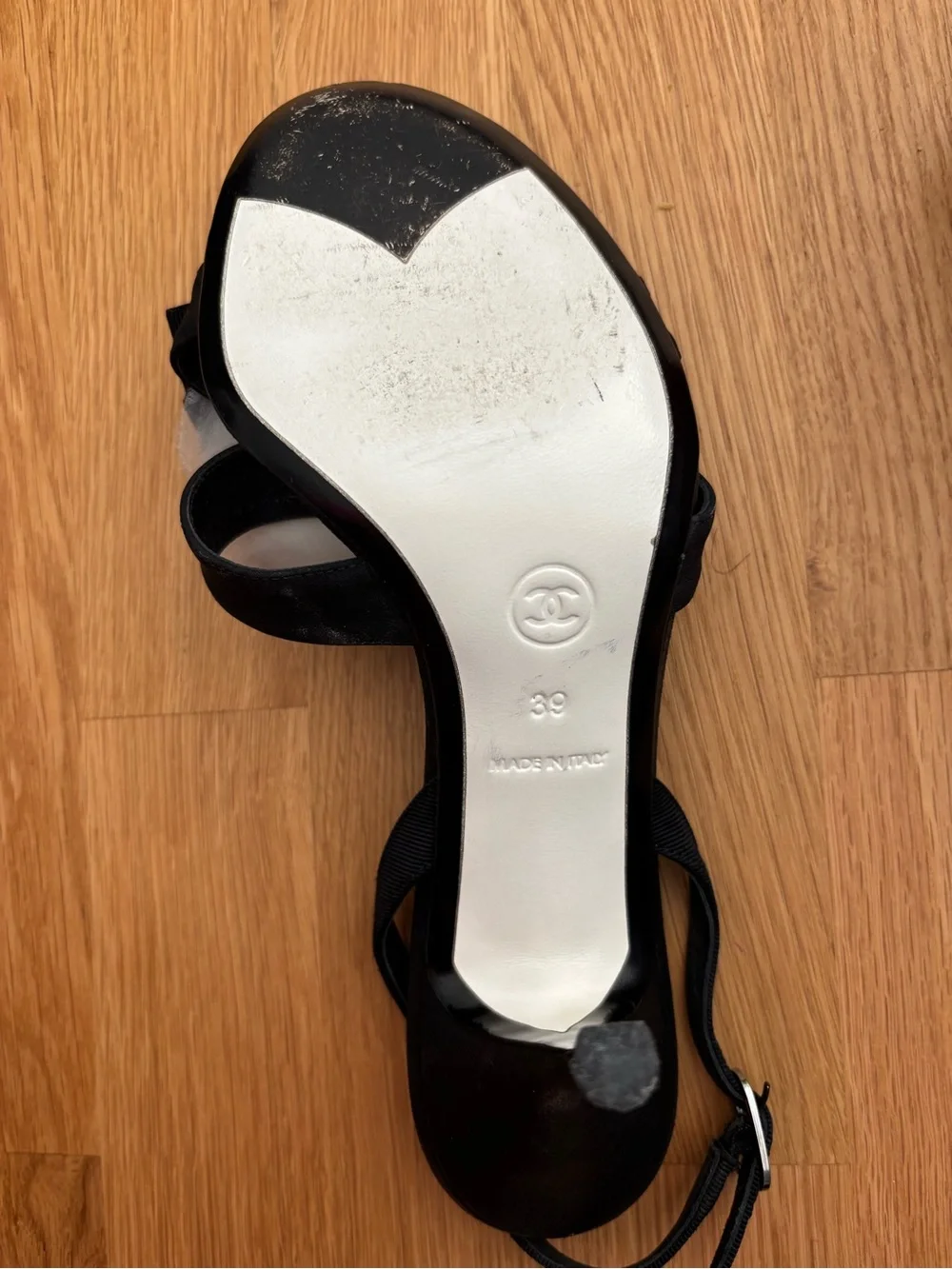 CHANEL Black Slingback Sandal with Cream Camellia